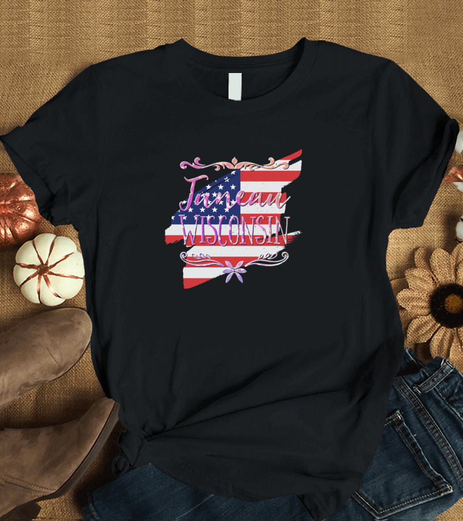 Juneau Wisconsin American Flag Floral Motif T-Shirt
