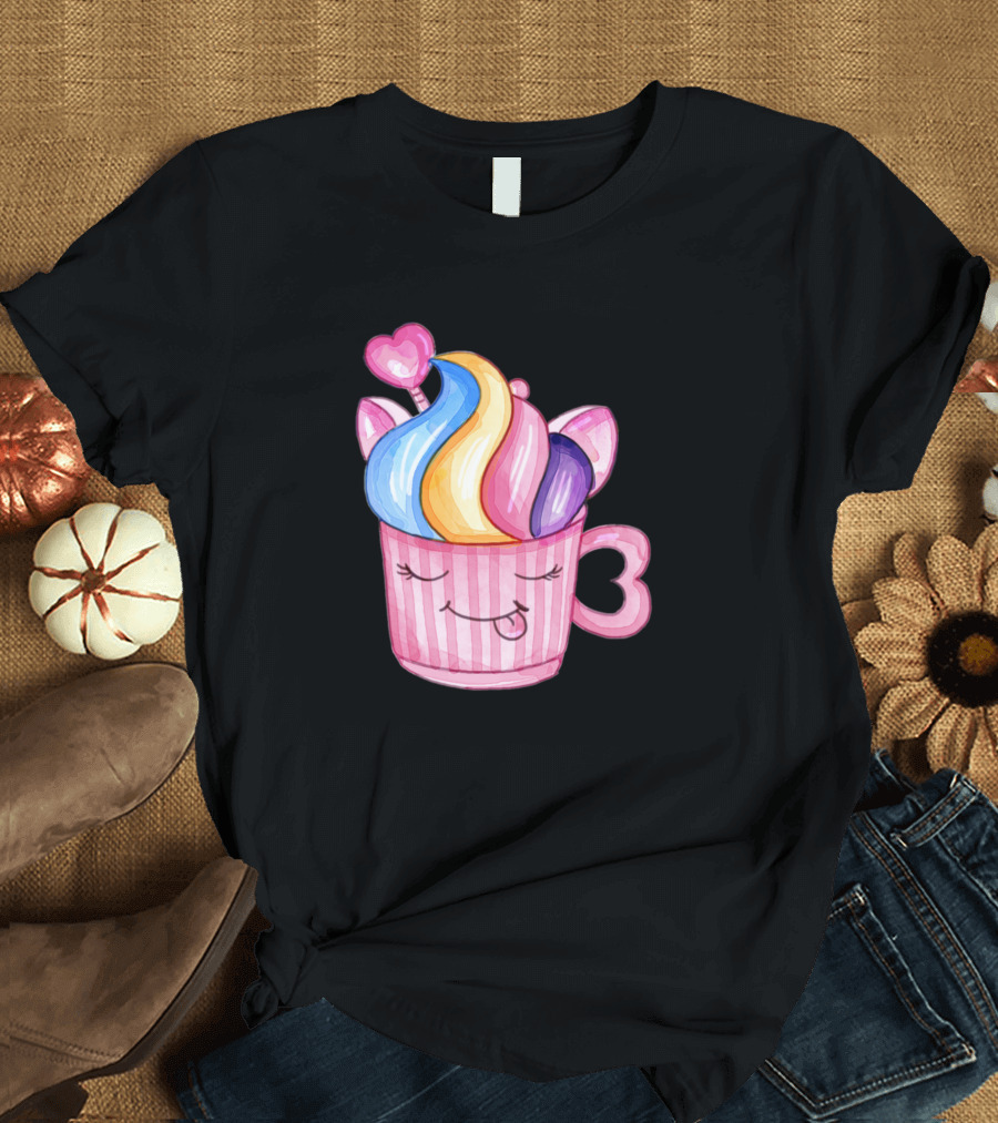 Whimsical Cartoon Ice Cream with Rainbow Swirls in Pink Striped Cup with Heart Handle T-Shirt