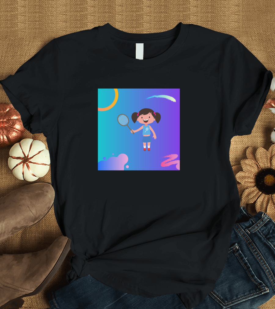 Badminton Girl Cartoon Character with Racket on Vibrant Background T-Shirt