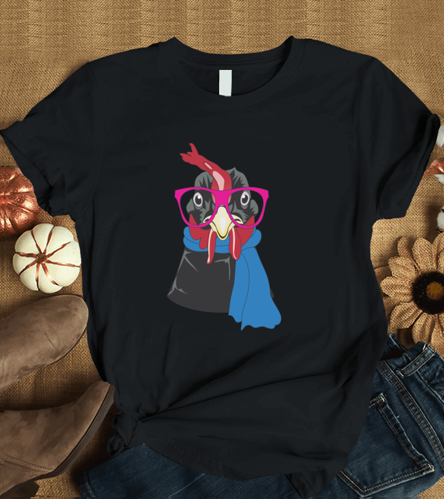 Cute Chicken Lady Face with Pink Glasses and Blue Scarf T-Shirt