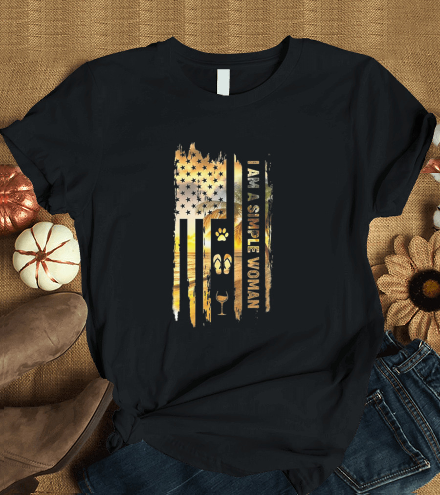 I Am A Simple Woman Love Dog Flip Flop Wine American Flag Sunset T-Shirt