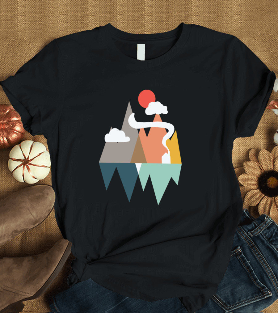 Landscape Geometric Mountains with Sun and Clouds T-Shirt