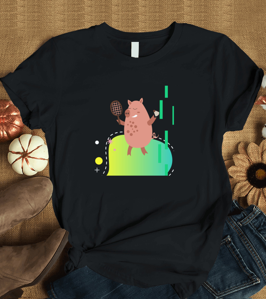 Pig Playing Badminton with Racket and Shuttlecock T-Shirt
