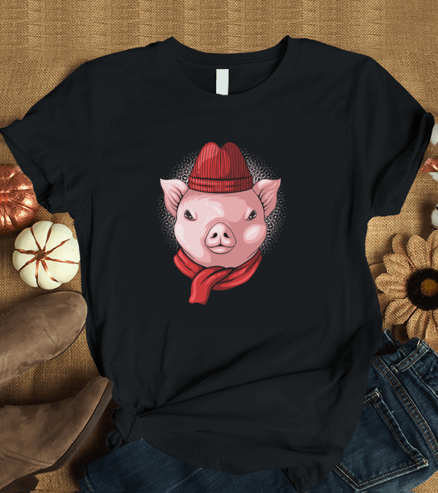 Pig Wearing Red Beanie and Scarf T-Shirt
