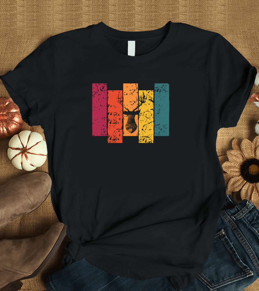 Retro Colorful Deer Vintage Silhouette Stripes T-Shirt
