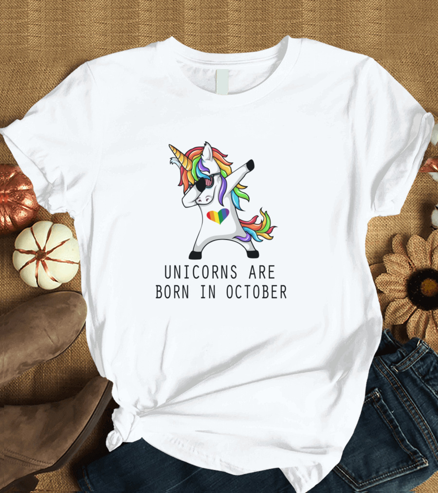 Unicorns Are Born In October Dabbing Rainbow Heart Pose T-Shirt