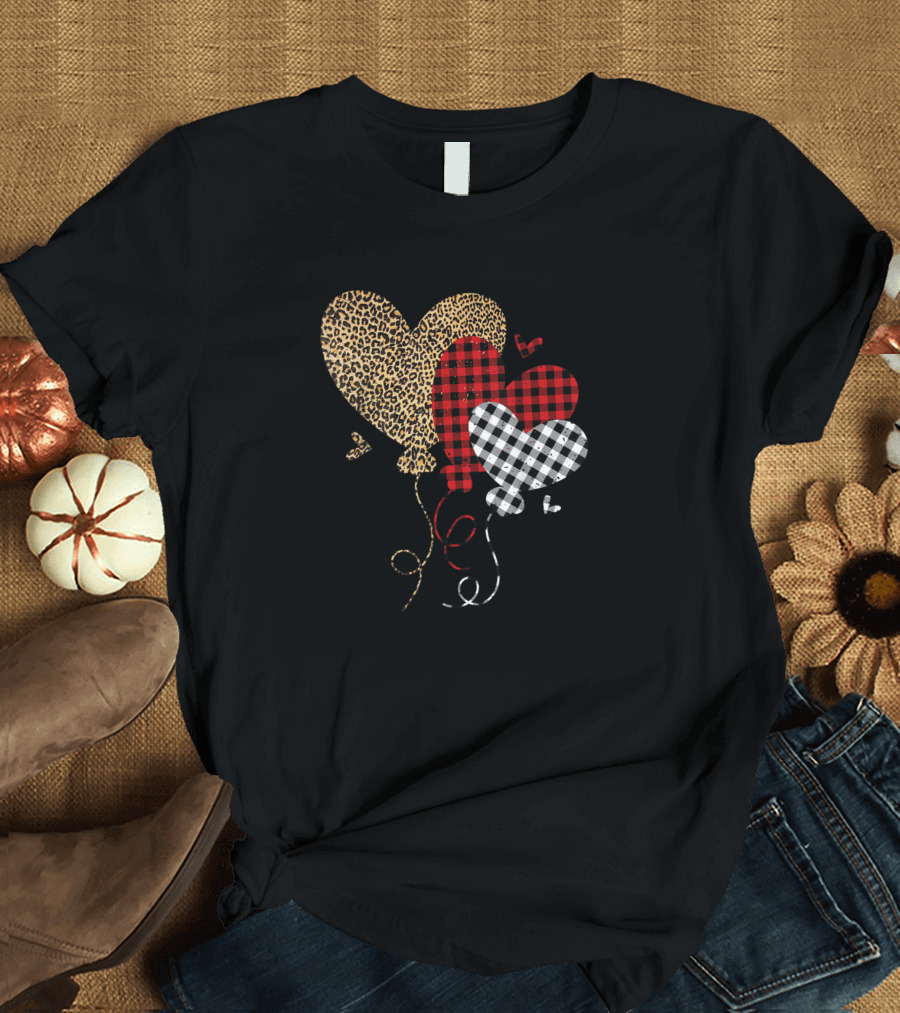 Buffalo Red Black Plaid Leopard Hearts Valentine Balloons T-Shirt