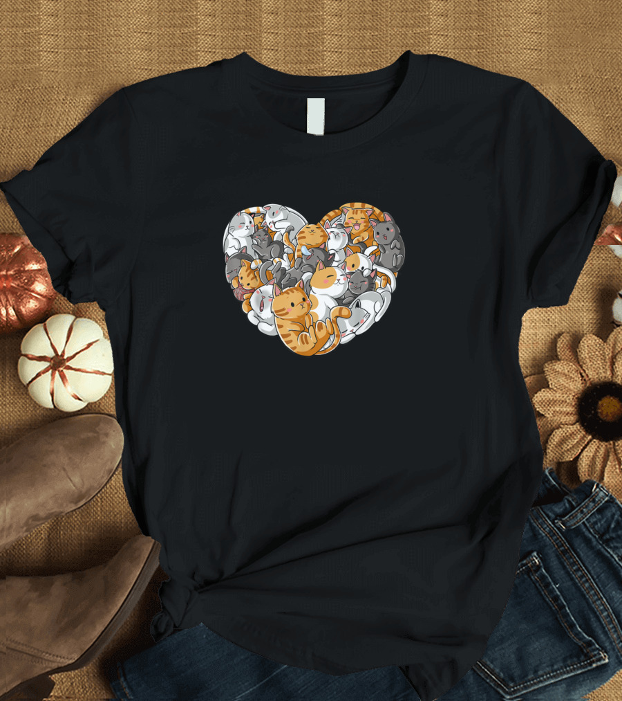 Cat Heart Valentines Day Girls Women Kitty Love T-Shirt