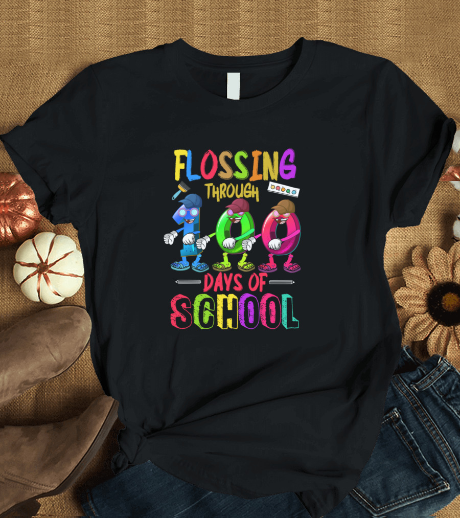 Flossing Through 100 Days of School with Colorful Dancing Numbers T-Shirt