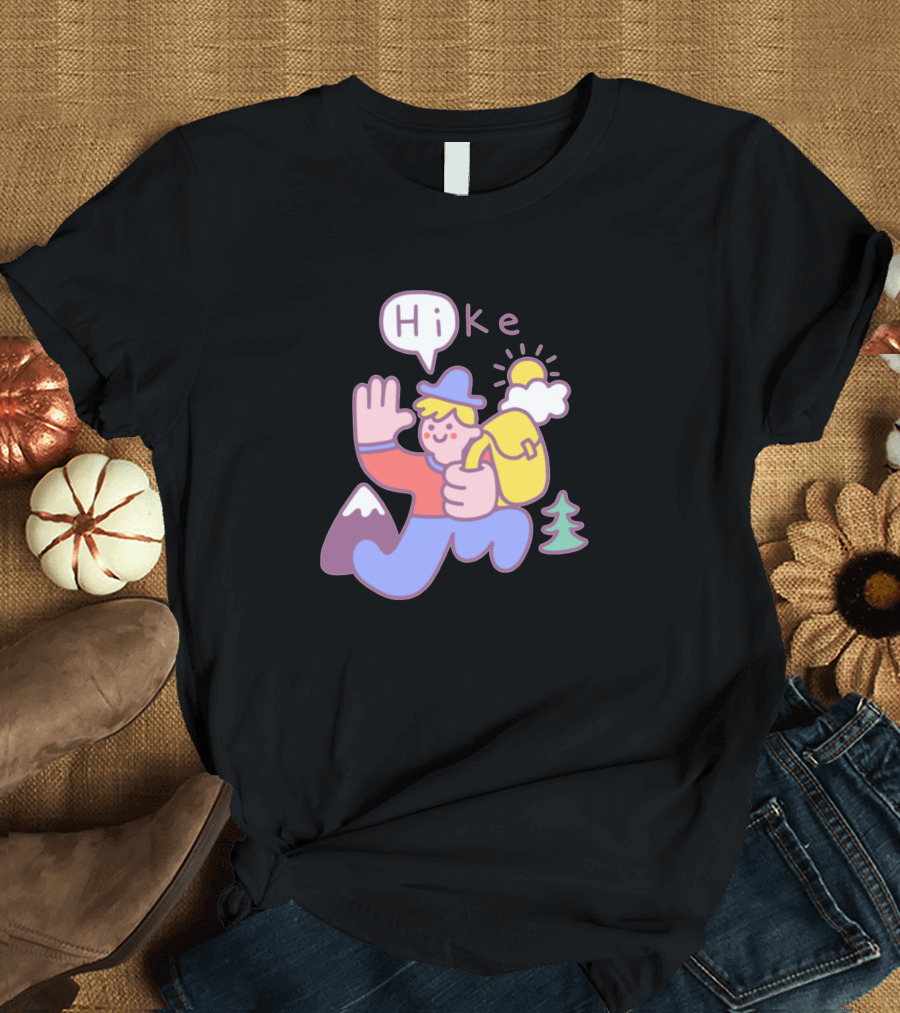Friendly Hike with Smiling Backpacking Adventurer and Sunburst T-Shirt