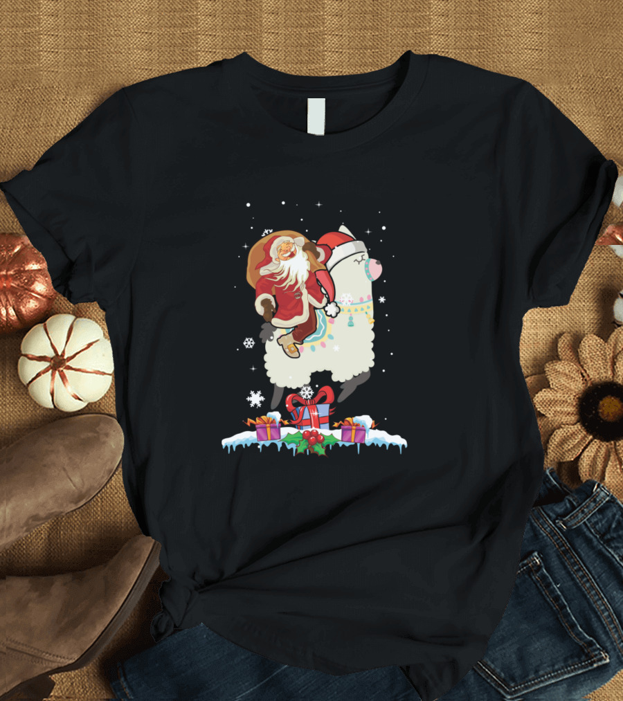 Santa Claus Riding Llama with Snowflakes and Presents T-Shirt