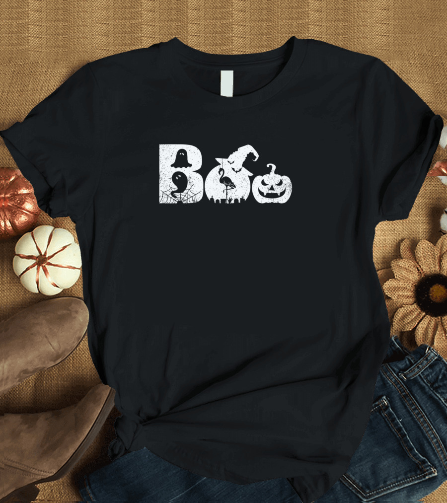 Boo Halloween Flamingo Ghost Witch Hat Pumpkin T-Shirt