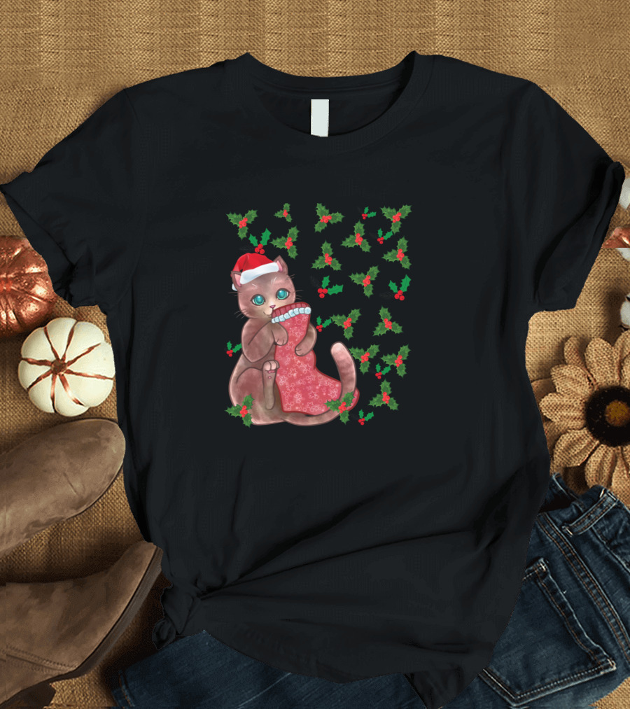 Cat Mistletoe Christmas Stocking Festive Holiday Kitty T-Shirt