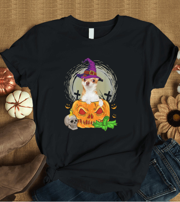T-Shirt: Chihuahua Witch Pumpkin Halloween Skull Moon Crosses T-Shirt Chihuahua Witch Pumpkin Halloween Skull Moon Crosses T-Shirt