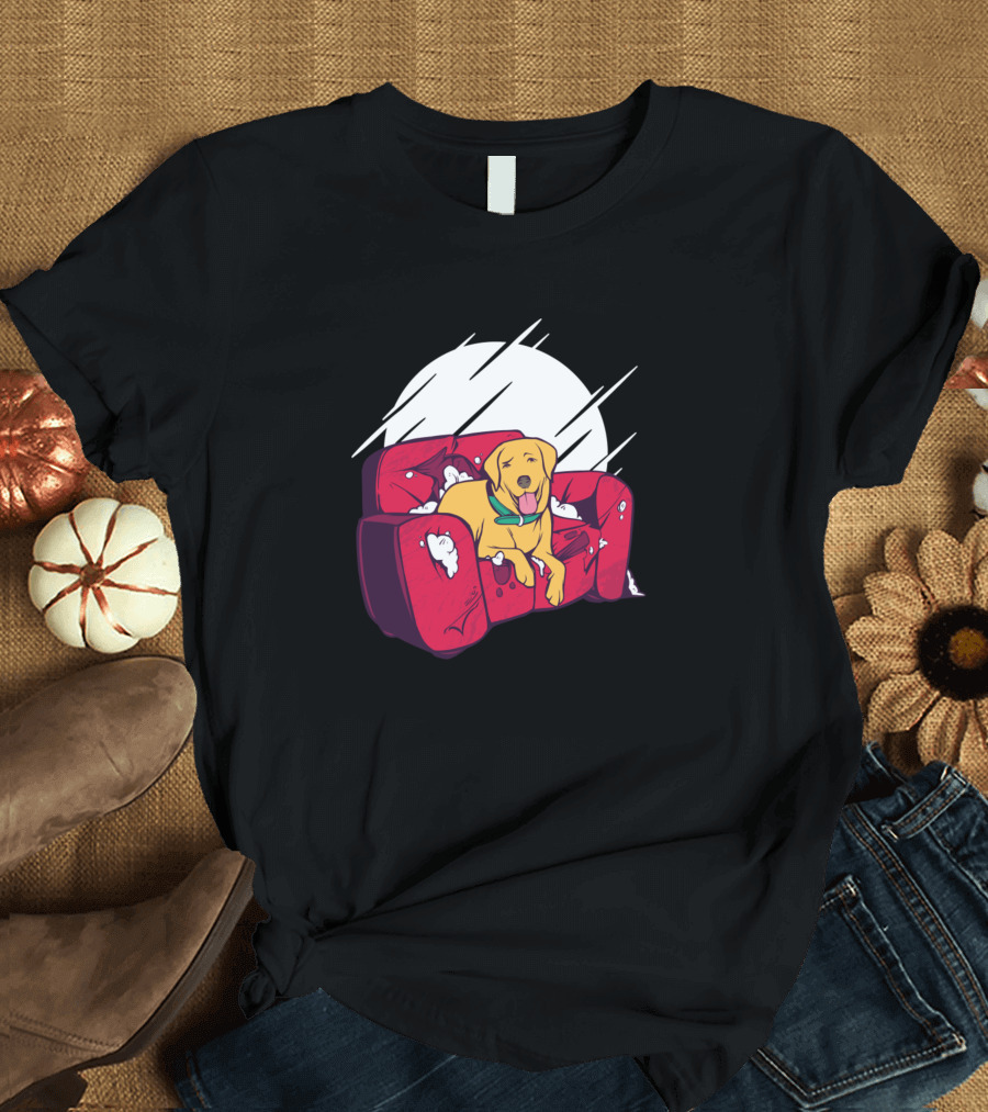 Dog Bad Dog Sitting on Destroyed Couch with Red Sofa and Full Moon Background T-Shirt
