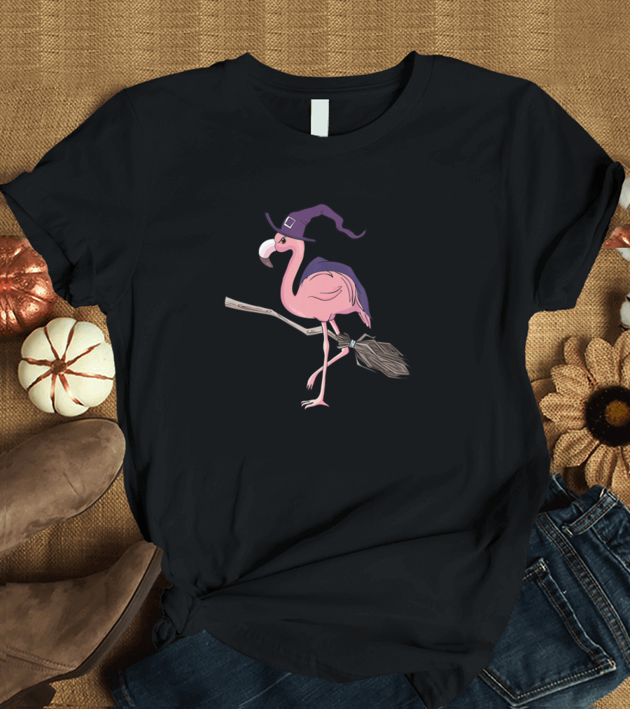 Halloween Funny Flamingo Witch on Broom Scary Party T-Shirt