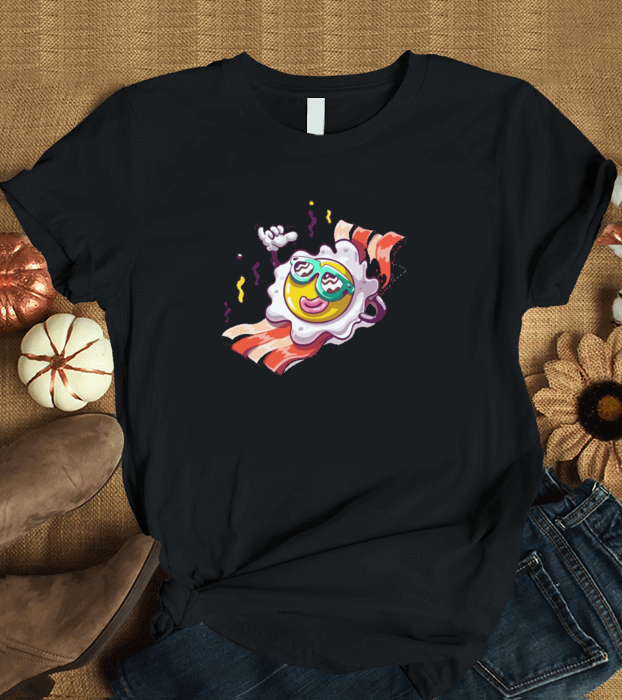 Mysterious Circle Elo Fried Egg Sunglasses on Bacon Slide T-Shirt