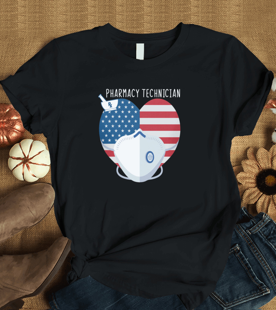 Pharmacy Technician American Flag Heart Mask T-Shirt