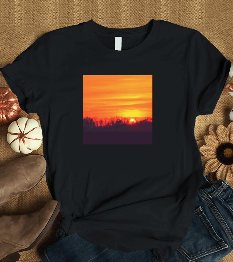 Sunset Over Forest Horizon with Vibrant Orange Sky T-Shirt