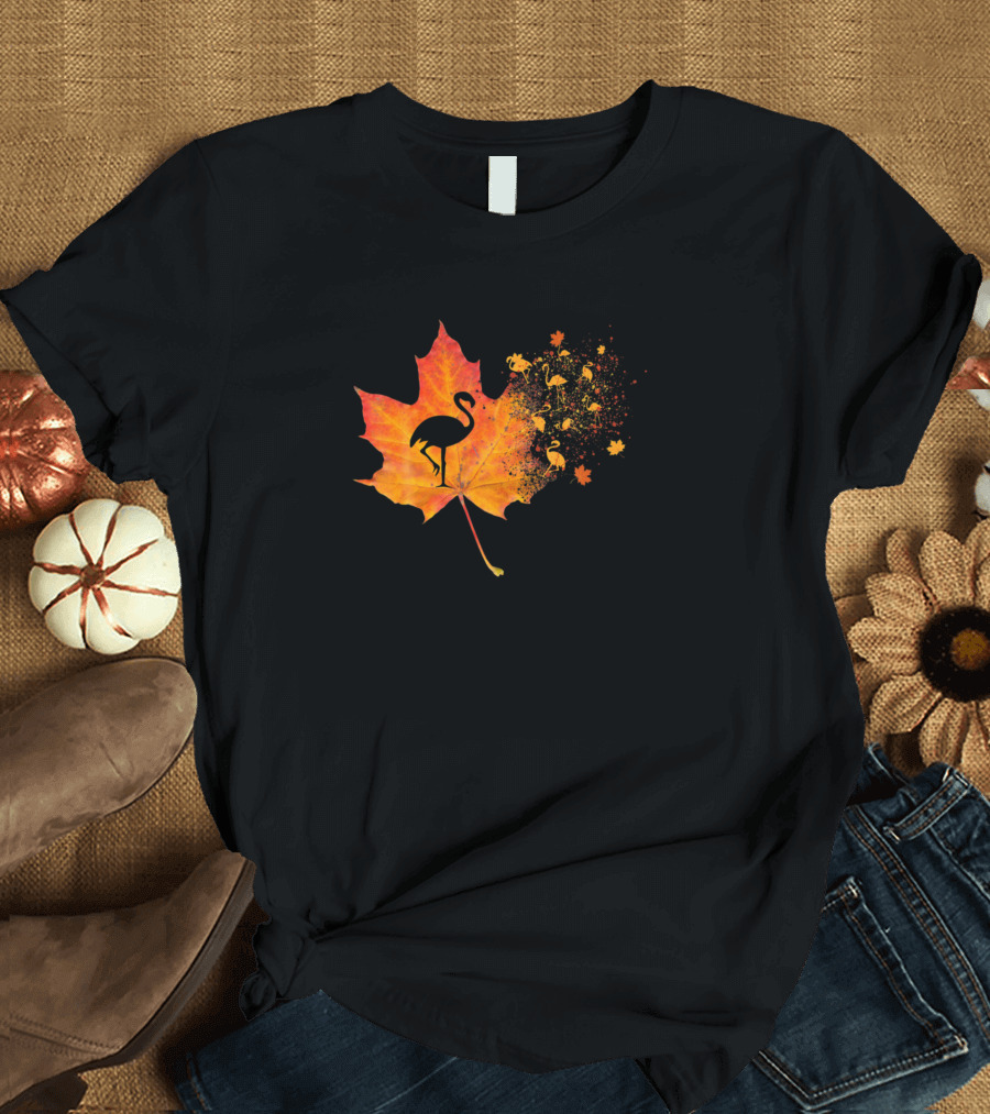 Th Cute Flamingo Thanksgiving Fall Leaves Autumn Maple Leaf T-Shirt