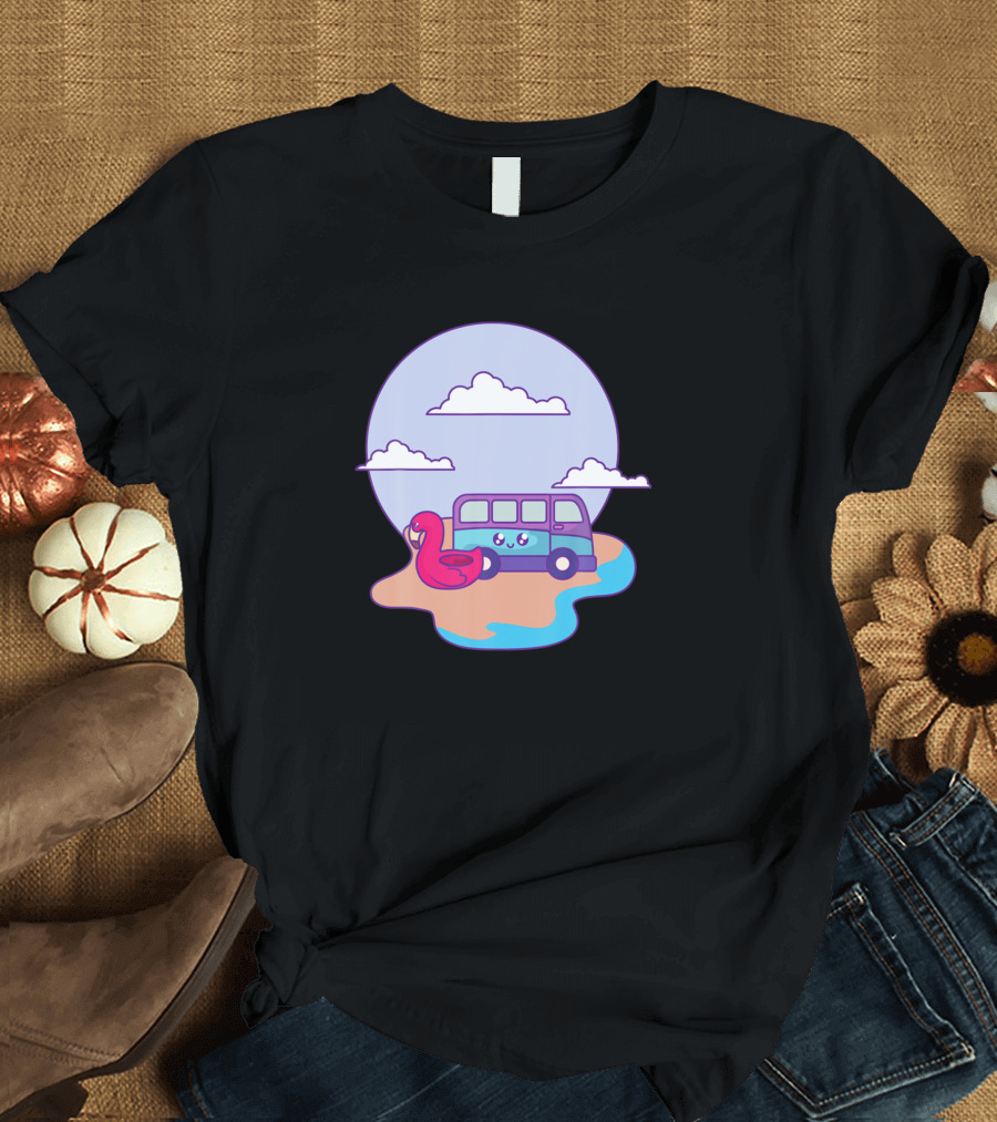 Van Life Beach Scene with Flamingo and Colorful Clouds T-Shirt