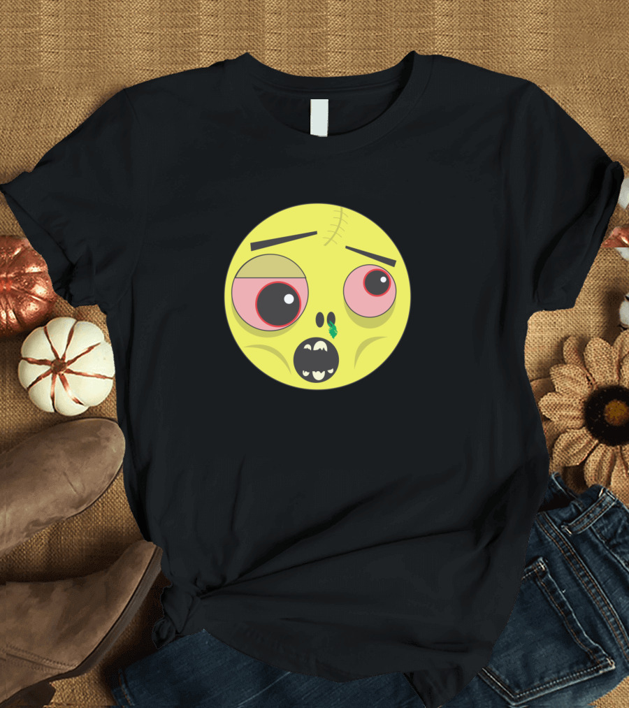 Zombie Emoji Cartoon Face with Stitches and Bloodshot Eyes T-Shirt