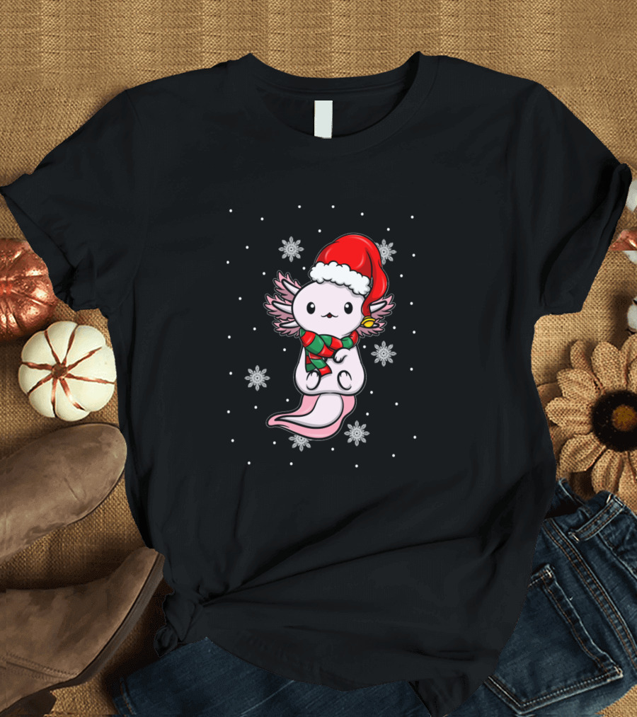 Cute Kawaii Axolotl in Christmas Santa Hat with Snowflakes T-Shirt