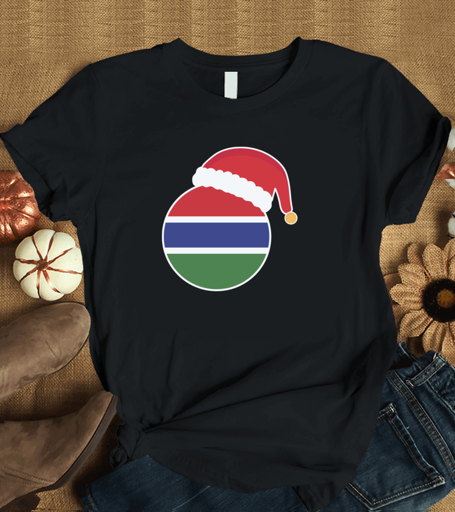 Santa Hat on The Gambia Flag-Themed Christmas T-Shirt