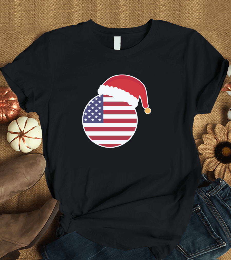 Santa Claus Hat on United States America Flag Christmas T-Shirt