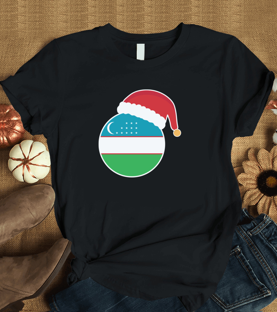 Uzbekistan Flag Circle with Santa Hat Christmas T-Shirt