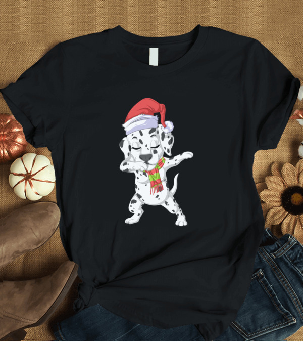 T-Shirt: Dalmatian Dabbing with Santa Hat and Christmas Scarf T-Shirt Dalmatian Dabbing with Santa Hat and Christmas Scarf T-Shirt