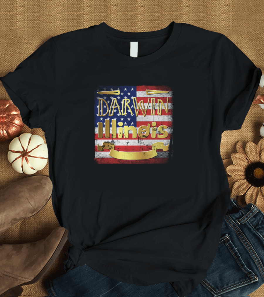 Darwin Illinois American Flag Gold Banner T-Shirt