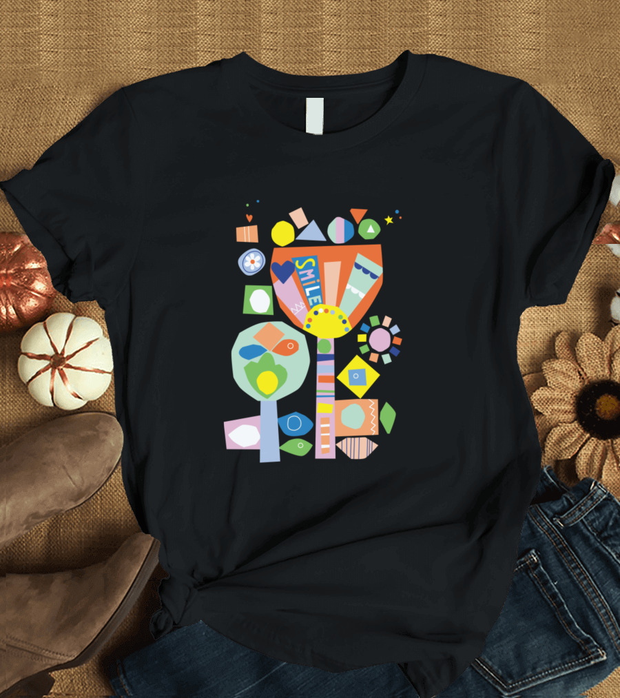 SMILE Flower Collage Geometric Colorful T-Shirt