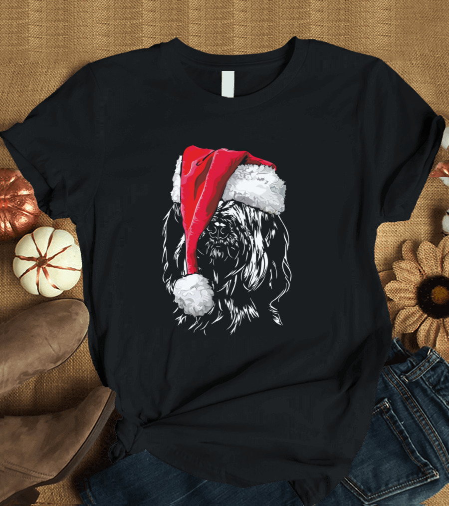 Santa Hat on Briard Dog Christmas Humor T-Shirt