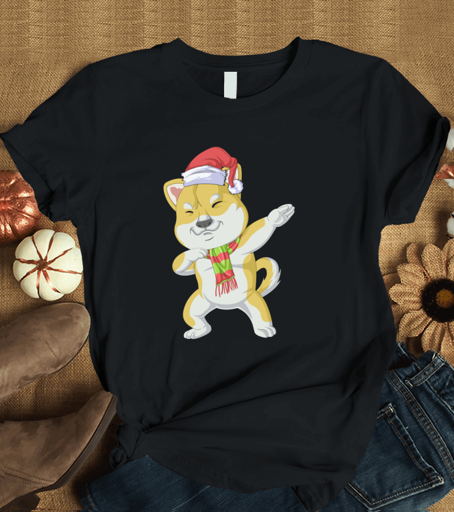 Shiba Inu Dabbing Christmas Santa Hat and Scarf T-Shirt