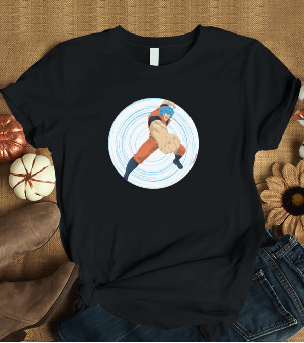 T-Shirt: The Food Fighter Parody Anime Style Fighter with Blue Hair Orange Outfit Spiral Background T-Shirt The Food Fighter Parody Anime Style Fighter with Blue Hair Orange Outfit Spiral Background T-Shirt