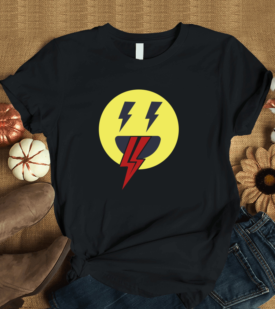 Thunder Emoji Face Bolt Tongue T-Shirt