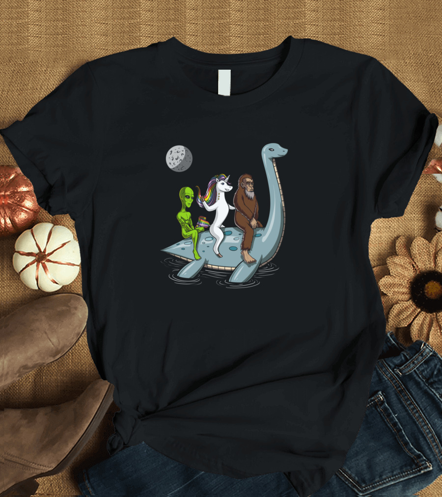Alien Bigfoot and Unicorn Riding Loch Ness Monster Under Moon T-Shirt