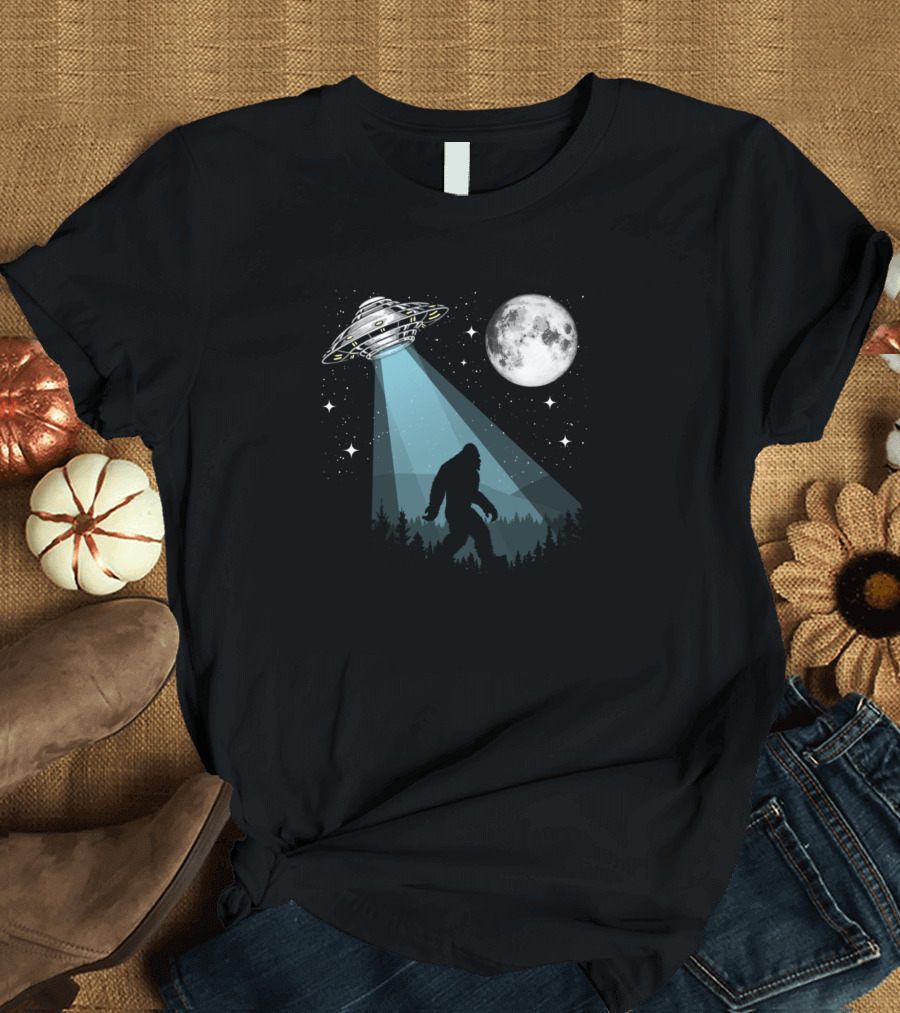 Bigfoot and UFO Conspiracy Moonlit Night with Stars T-Shirt