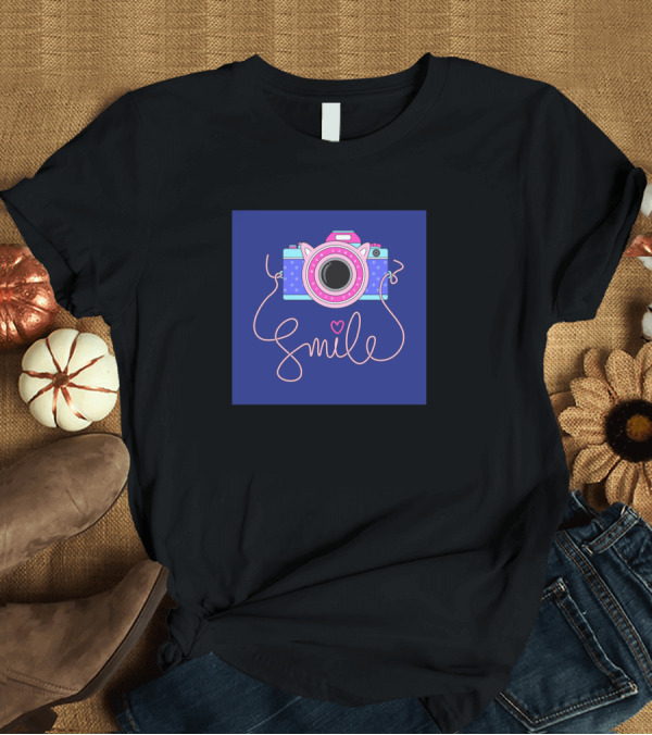 T-Shirt: Cute Cat Ear Camera Graphic with Smile T-Shirt Cute Cat Ear Camera Graphic with Smile T-Shirt