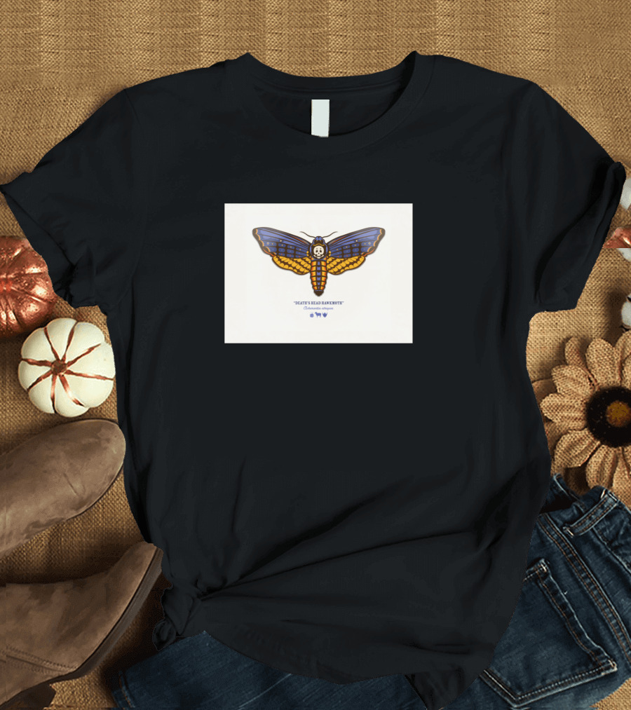 Deaths Head Hawkmoth with Skull Motif and Three Blue Hearts T-Shirt