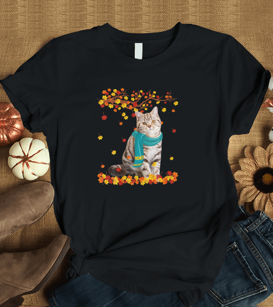 American Shorthair Cat with Scarf and Autumn Leaves for Thanksgiving T-Shirt