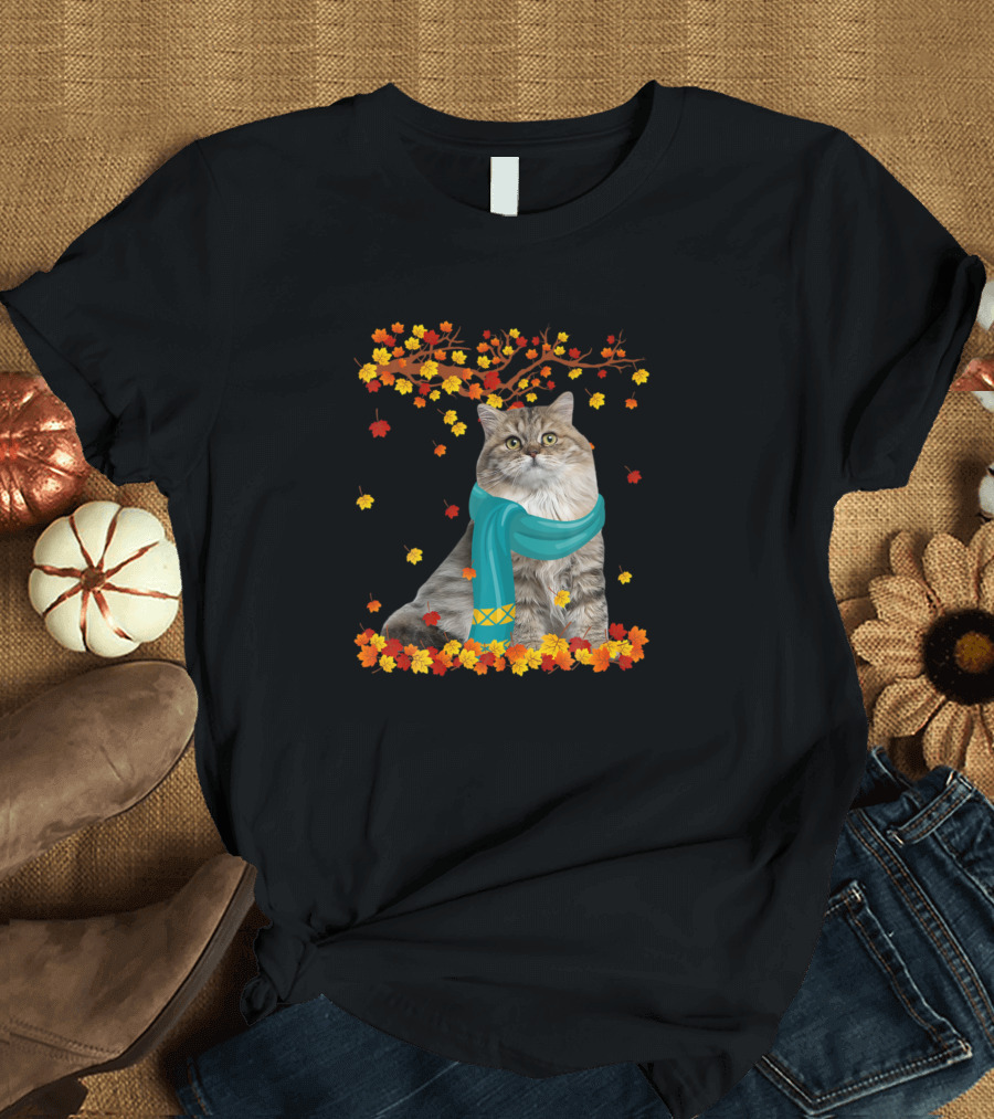 British Longhair Cat with Blue Scarf Among Autumn Leaves Thanksgiving Mood T-Shirt