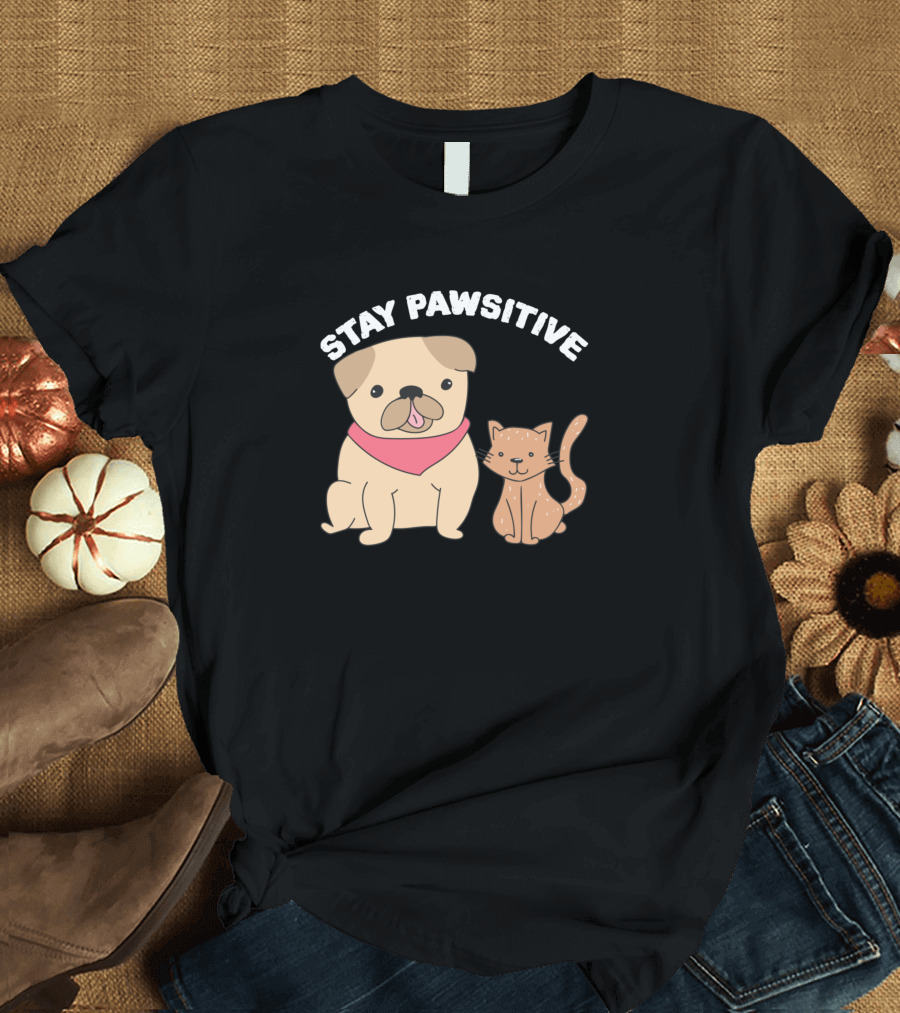 Stay Pawsitive Dog Cat Sketch Pug with Bandana and Cute Kitten T-Shirt