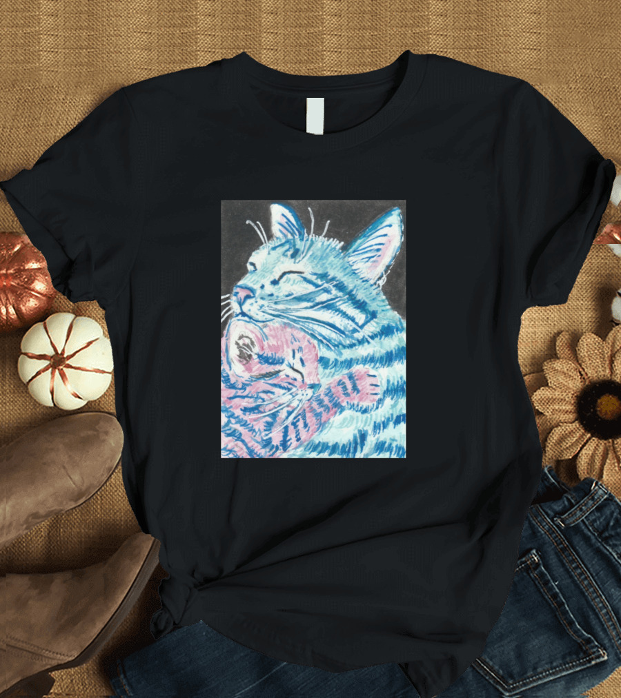 Tabby Cat Mother Embrace Kitten Duo in Blue and Pink T-Shirt