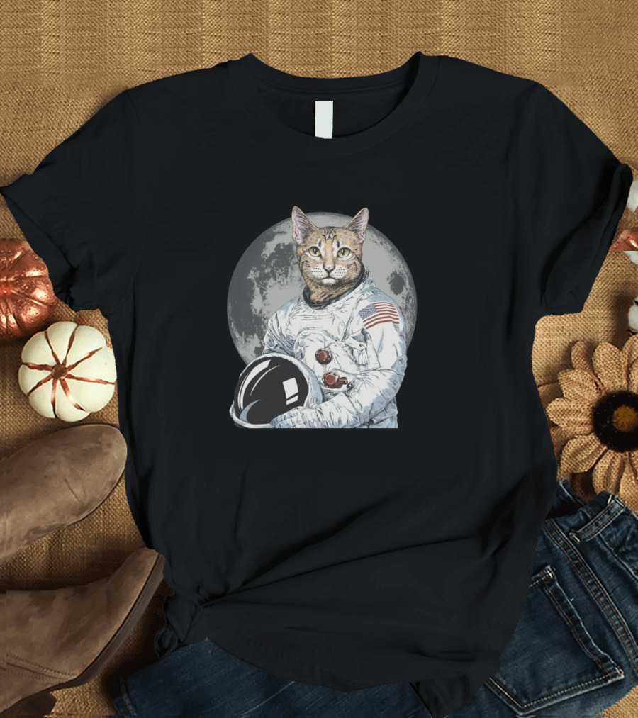 Cat Astronaut Catronaut Moon Mission Apollo Spacesuit USA Flag T-Shirt