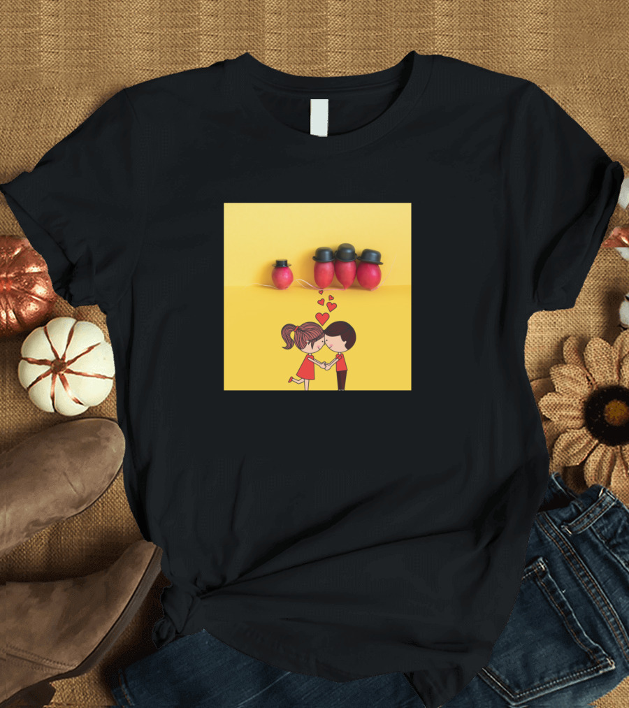 Couple Love Heart Kissing Cartoon with Bowler Hat Characters T-Shirt