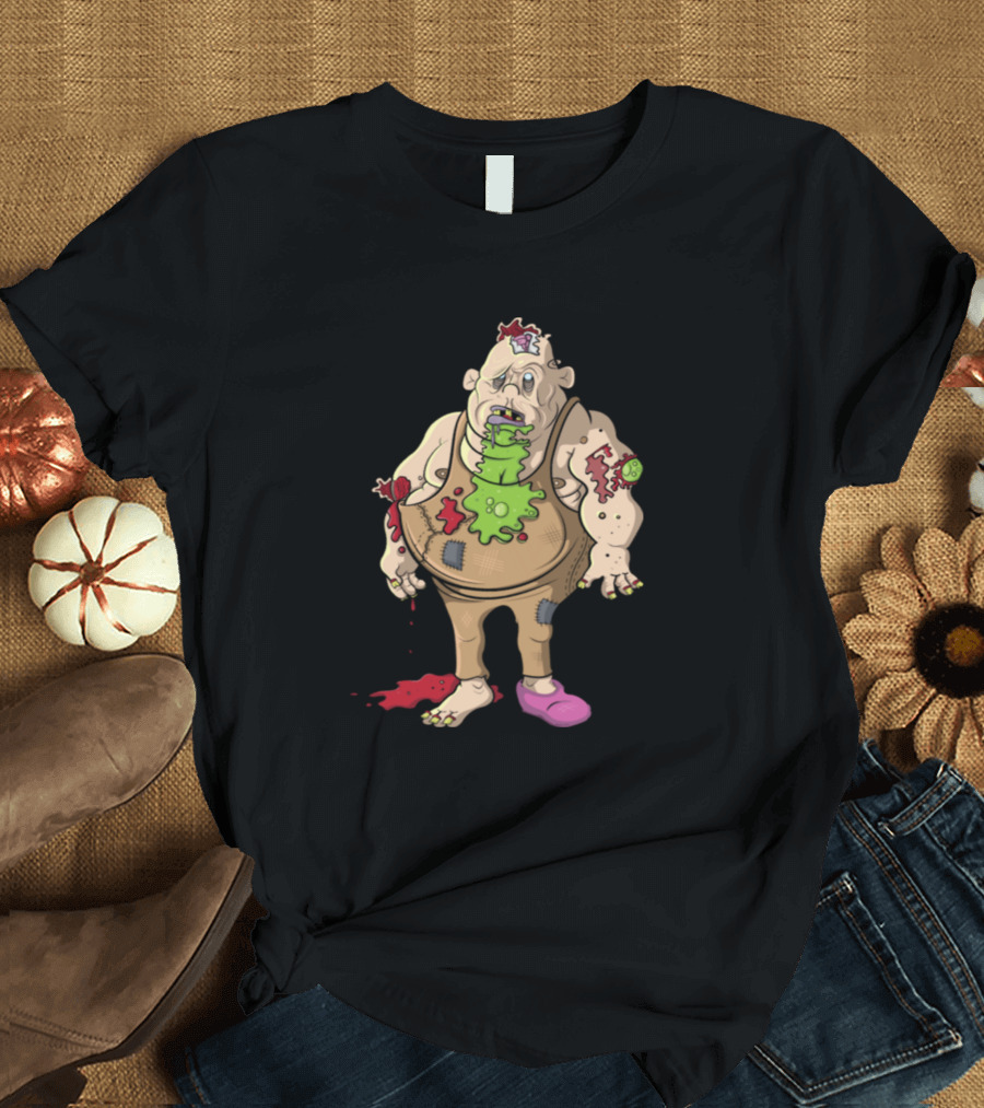 Fat Zombie Cartoon Character with Missing Limbs and Pink Slipper T-Shirt