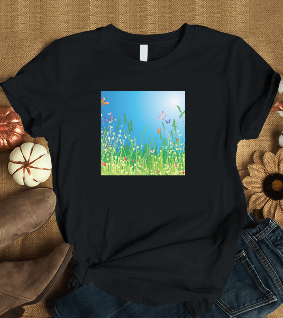 Butterflies in Floral Meadow Under Blue Sky T-Shirt
