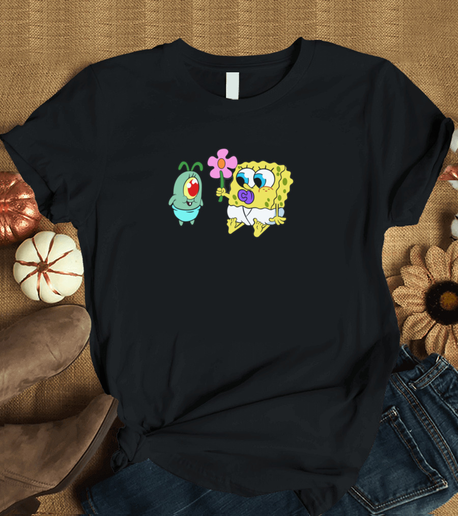 Plankton and Baby SpongeBob with Pink Flower T-Shirt